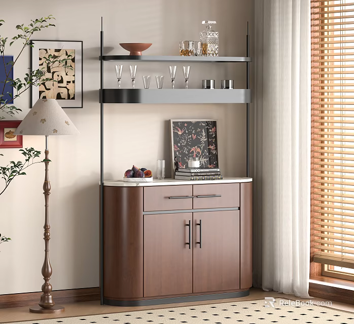 Warm Modern Wooden Sideboard With Open Shelf Wine Glasses Fruit Bowl And Decorative Items 3d model 