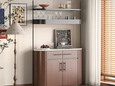 Warm Modern Wooden Sideboard With Open Shelf Wine Glasses Fruit Bowl And Decorative Items 3d model