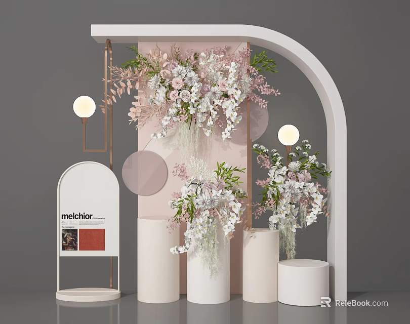 Elegant Floral Installation with Pink White Flowers Hanging Arch Cylindrical Pedestals and Lights 3d model 