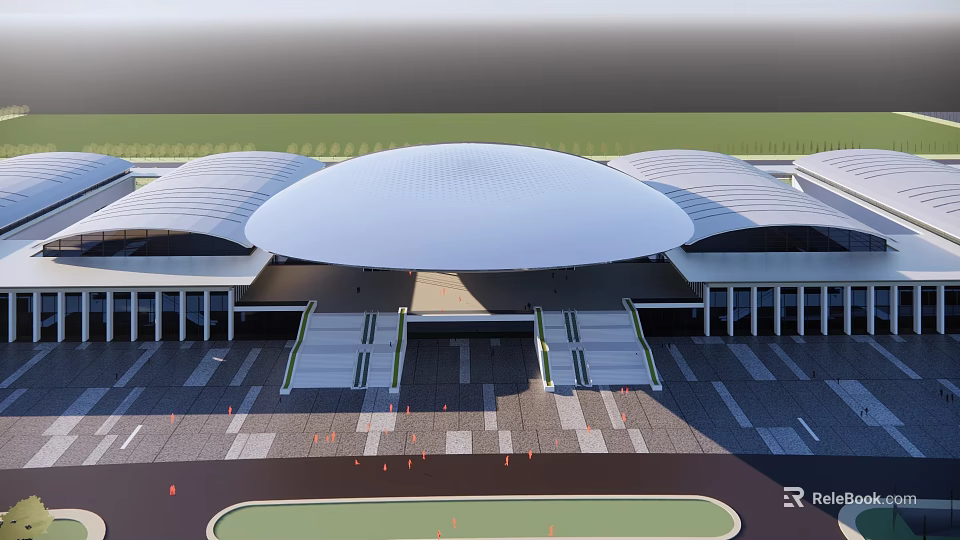 Modern Large Sports Arena With Curved Roof Grand Steps And Track Field 3d model 