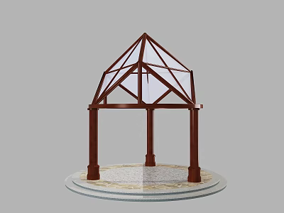 Brown Wooden Gazebo With Four Pillars Glass Roof And Circular Patterned Platform 3d model