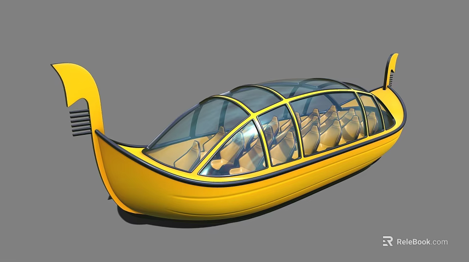 Yellow Boat Shaped Commercial Equipment With Transparent Roof And Interior Seats 3d model 