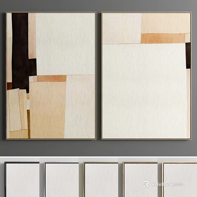 Modern Two Panel Picture Frames With Abstract Geometric Art In Neutral Tones On Gray Wall 3d model 