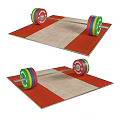Colorful Barbell with Sport Label and Weight Plates on Red Brown Mat