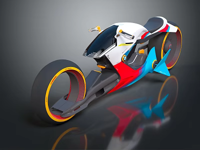 Futuristic White Red Blue Motorcycle With Streamlined Body And Orange Rimmed Wheels 3d model
