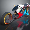 Futuristic White Red Blue Motorcycle With Streamlined Body And Orange Rimmed Wheels