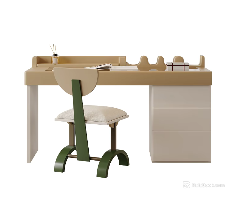 Modern Minimalist Children's Desk With Beige Storage Drawers Green Chair Legs And Matching Chair 3d model 