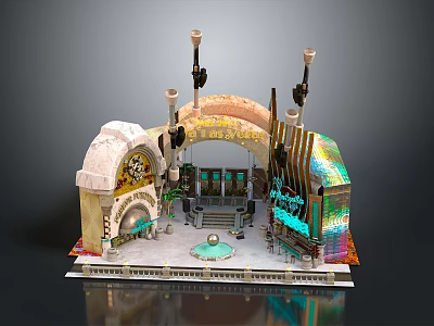 Ornate Interior Scene With Arched Structures Chandeliers Circular Fountain And Colorful Glass Elements 3d model