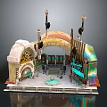 Ornate Interior Scene With Arched Structures Chandeliers Circular Fountain And Colorful Glass Elements