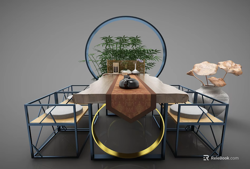 Contemporary Dining Table Set With Metal Frame Gold Accents Circular Decor And Bamboo Plant 3d model 