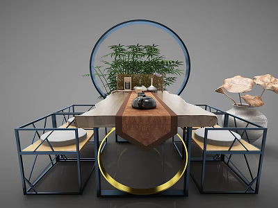 Contemporary Dining Table Set With Metal Frame Gold Accents Circular Decor And Bamboo Plant 3d model