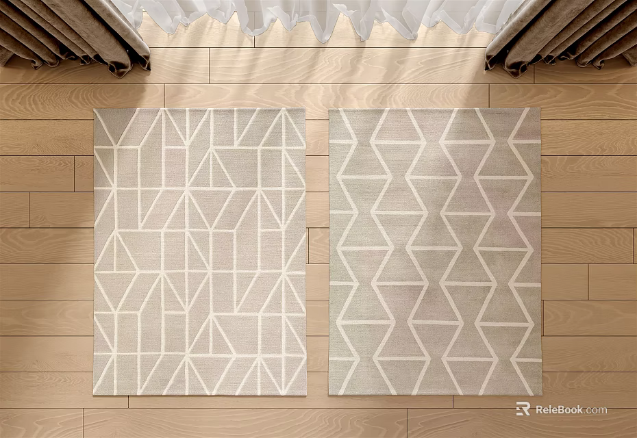 Two Light Colored Square Rugs with Geometric Patterns on Wooden Floor 3d model