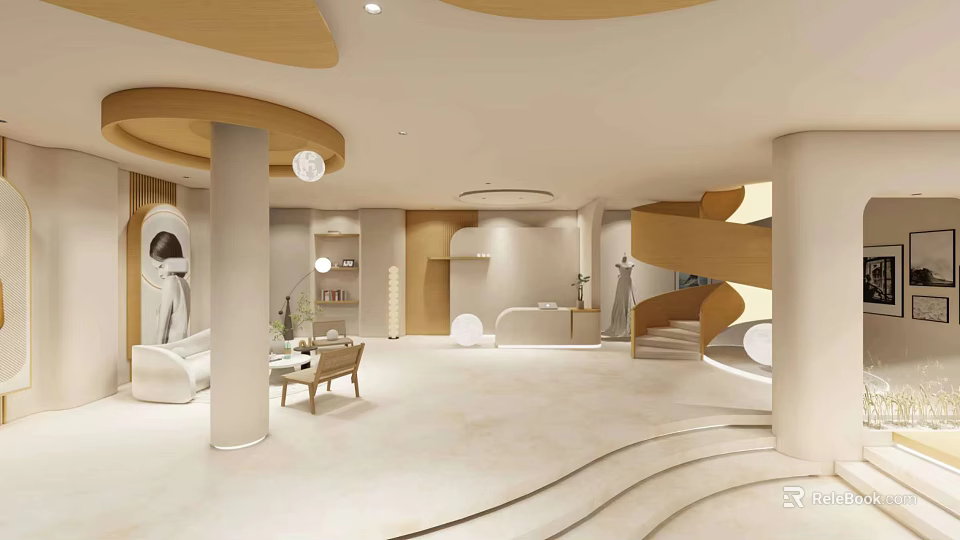 Modern Wedding Dress Store Interior With Curved Structures Light Tones And Display Area 3d model 