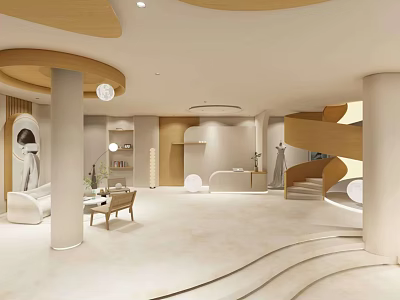 Modern Wedding Dress Store Interior With Curved Structures Light Tones And Display Area 3d model