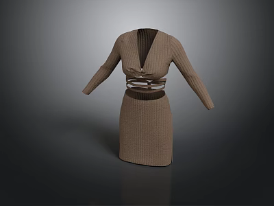 Brown Knitted Long Sleeve Dress With Metal Buckle Waist Detail 3d model