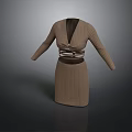 Brown Knitted Long Sleeve Dress With Metal Buckle Waist Detail
