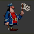 Cartoon Pirate Man In Blue Hat Blue Coat Red Shirt Holding White Flag And Cane