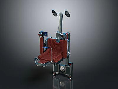 Industrial Mechanical Chair With Red Seating Metal Frame And Top Devices Structure 3d model