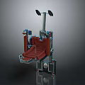 Industrial Mechanical Chair With Red Seating Metal Frame And Top Devices Structure