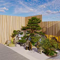Garden Landscape With Wooden Fence Black Iron Gate Potted Plants And Stones Under Blue Sky