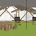 Outdoor Canopy With Wooden Frame String Lights And Grills On Green Grass Lawn