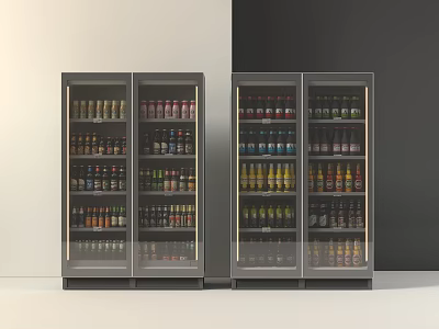 Double Glass Door Display Freezers With Multiple Shelves Filled With Bottled Beverages 3d model