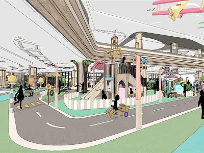 Mall Lobby With Kids Play Area Slide Airplane Decorations And Road Lane 3d model