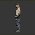 Construction Worker In Blue Overalls With Cap Tool Belt And Knee Pads