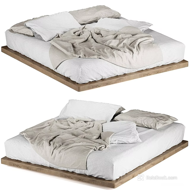 Double Bed with Wooden Platform Frame Light Colored Cozy Bedding and Casual Draped Quilt 3d model 