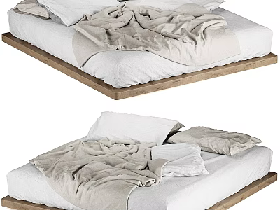 Double Bed with Wooden Platform Frame Light Colored Cozy Bedding and Casual Draped Quilt 3d model