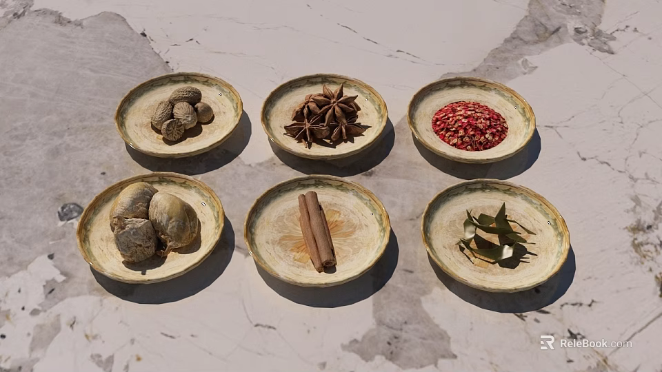 Assorted Spice Bottles With Star Anise Cinnamon And Bay Leaves On Light Stone Surface 3d model 