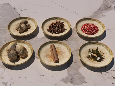 Assorted Spice Bottles With Star Anise Cinnamon And Bay Leaves On Light Stone Surface 3d model