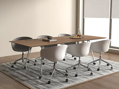 Modern Wooden Conference Table With Gray And White Office Chairs Items On Carpet Near Window 3d model