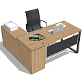 Modern Wooden Office Desk With Black Chair Open Laptop Colorful Magazines And White File Organizer