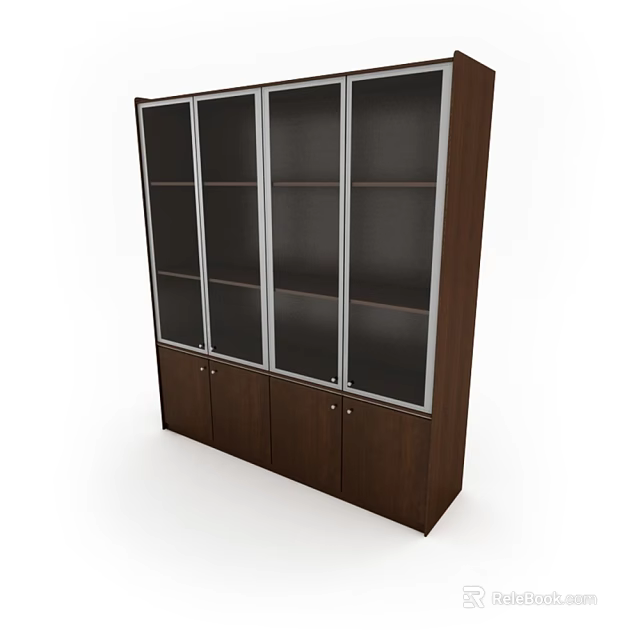 Tall Wooden Storage Cabinet With Glass Doors Multiple Shelves And Lower Closed Compartments 3d model 