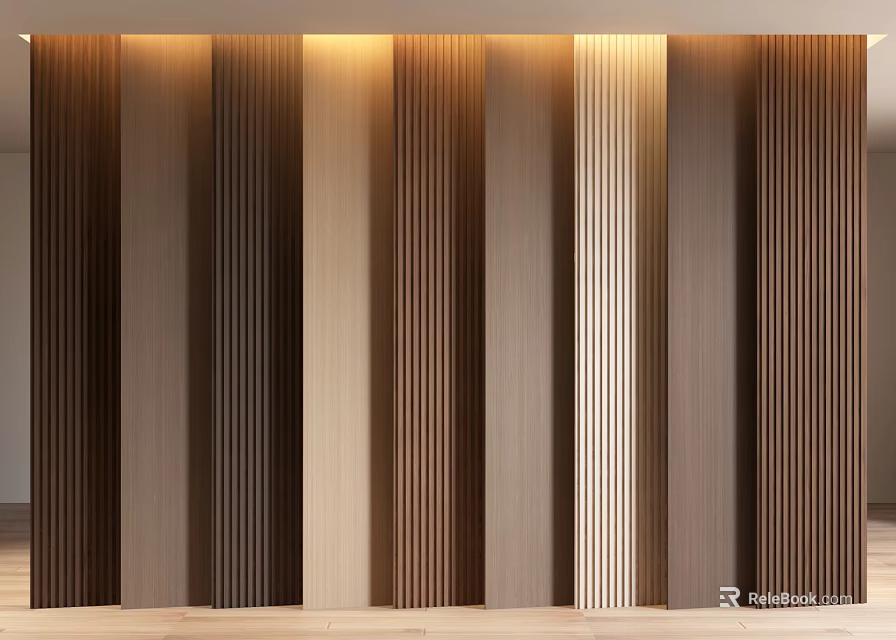 Modern Wooden Wall Paneling With Vertical Stripes Warm Lighting And Textured Design 3d model 