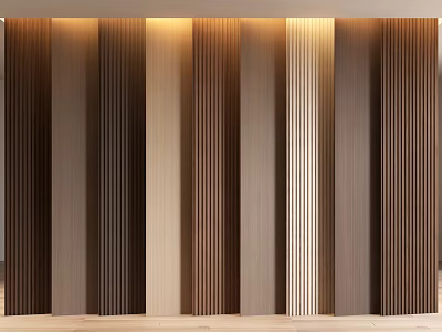 Modern Wooden Wall Paneling With Vertical Stripes Warm Lighting And Textured Design 3d model