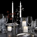 Elegant Dining Table Setting With Wine Glasses Plates Candles And Decorative Branches 3d model