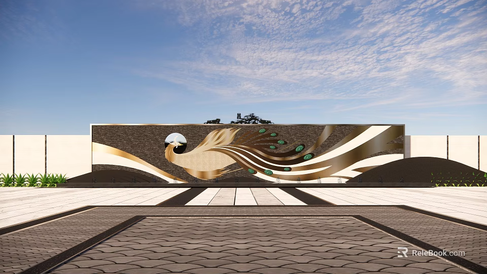 Golden Peacock Pattern Feature Wall With Blue Sky And Paved Ground 3d model
