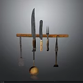 Kitchen Utensils Set Hanging On Wooden Rack With Knife Fork Spoon And Spatula