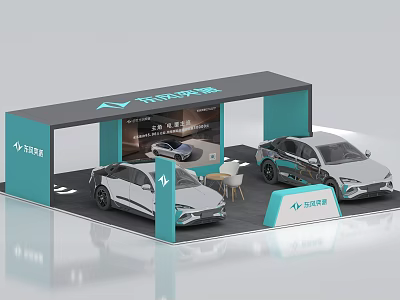 Nezha Auto Exhibition Booth With Two Cars Display And Design Elements 3d model