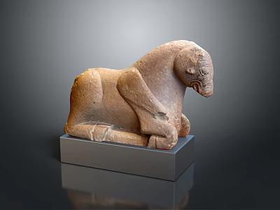 Elegant Kneeling Horse Sculpture With Detailed Pose And Gray Pedestal Base 3d model