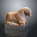 Elegant Kneeling Horse Sculpture With Detailed Pose And Gray Pedestal Base