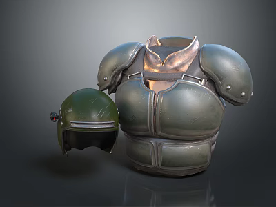 Green Metallic Armor Set With Structured Breastplate And Protective Helmet 3d model