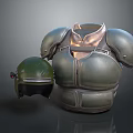 Green Metallic Armor Set With Structured Breastplate And Protective Helmet 3d model
