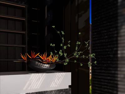 Black Vase With Orange Flowers And Green Branches On White Countertop Against Dark Wooden Structure 3d model