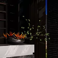 Black Vase With Orange Flowers And Green Branches On White Countertop Against Dark Wooden Structure