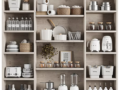 Modern Kitchen Wooden Shelf Cabinet With Jars Dishes Coffee Maker Blender And Plants 3d model