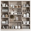 Modern Kitchen Wooden Shelf Cabinet With Jars Dishes Coffee Maker Blender And Plants