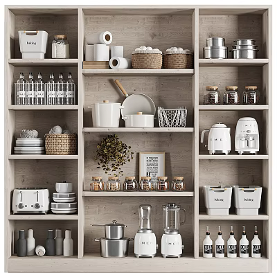 Modern Kitchen Wooden Shelf Cabinet With Jars Dishes Coffee Maker Blender And Plants 3d model